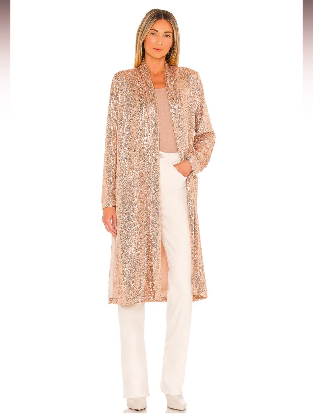 BB Dakota Showstopper Sequined Duster Jacket in Rose Gold